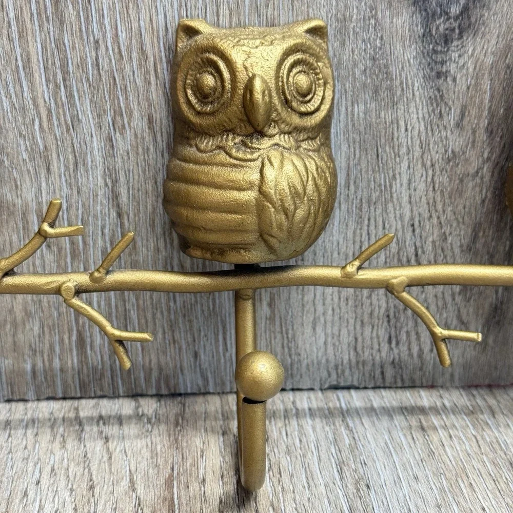 Cast Iron Owl Wall Hook Coat Hat Key Towel MCM Home Decor Gold Finish
